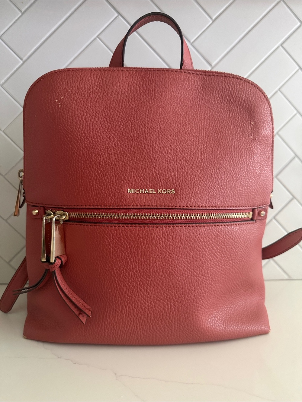 Michael Kors Pink Leather Pebbled Backpack with Gold Hardware